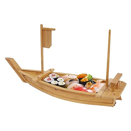 Dlinanta Wooden Sushi Boat Serving Tray, Natural Bamboo Sushi Platter for Party, Restaurant, or Home Use, 31.5 Inch Large Rectangular Boat-Shaped Tray with Compartments