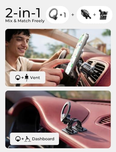 Image of LISEN for MagSafe Car Phone Mount -Strong Magnets Magnetic Phone Holders for Your Car 2-in-1 Vent Dashboard Magnet Cell Phones Holder Mounts Car Accessories Gifts for Men Women fit iPhone, Black | Dash Accents