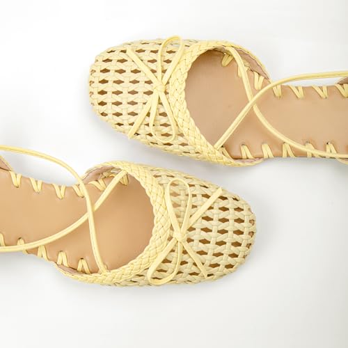 Image of Woven Ballet Flats for Women Lace Up Closed Square Toe Summer Flats Shoes