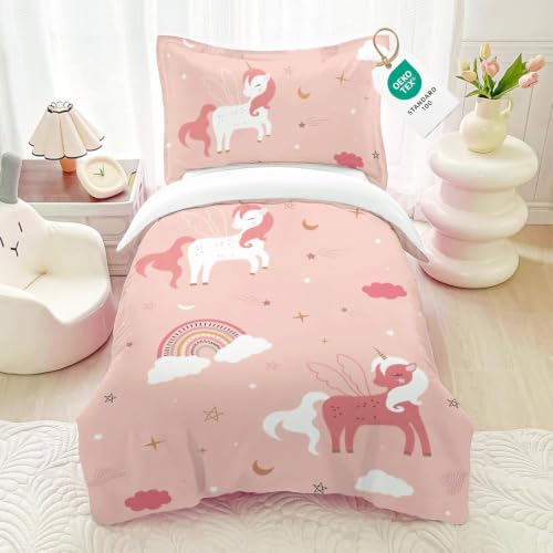 HOMHOMHA Einhorn Bettwäsche 100x135 cm Rosa mit Kissenbezug 40x60 cm - Bettwäsche Kinder Einhorn Druck Kuschelweich Schlafzimmer Dekor