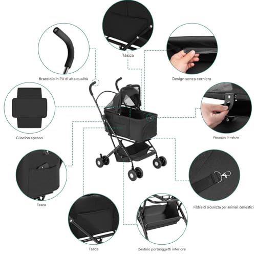 Bakaji Passeggino Per Animali Domestici 2 In 1 Carico Massimo 40Kg Pieghevole E Salvaspazio, Capsula Rimovibile, Carrozzina Per Cani E Gatti Con Trasportino Removibile E Cestello Portaoggetti (Nero) - 3