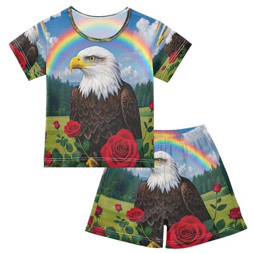 ALAZA Bird Rainbow Rose Tree Pajamas Set Short Sleeve Cotton Sleepwear Summer Pjs 2 Piece 5-14Y