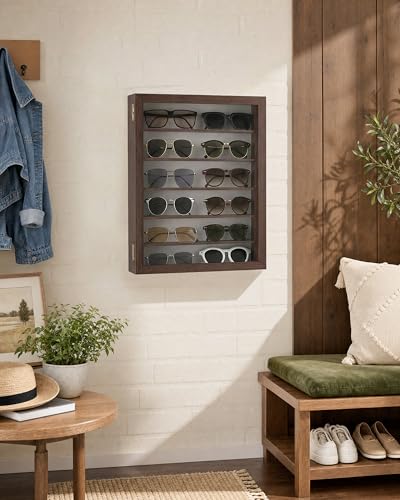 Image of TJ.MOREE Sunglasses Organizer Storage Wall Mounted Eyeglasses Display Case | 13 x 15.6 inches Glasses Holder 6 Tier, Wood