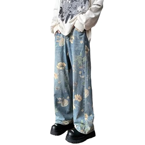Baggy Jeans Men Vintage Y2k Washed Floral Jeans Graphic Flower Casual Streetwear for Skater Wide Leg Denim Pants