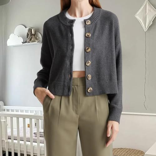 Women's Button Down Cardigan Long Sleeve Crew Neck Sweater Ribbed Hem Casual Knit Coat Spring Fall Outwear3