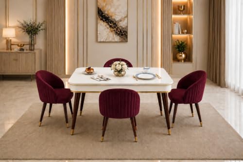 Image of WOODEN SPACE 4 Seater Wooden Dining Table Set | Urban Marble Top Dining Table with Chairs for Dining Room & Kitchen (Majestic Classic Backline Maroon) (42 x 42 x 30 inch)