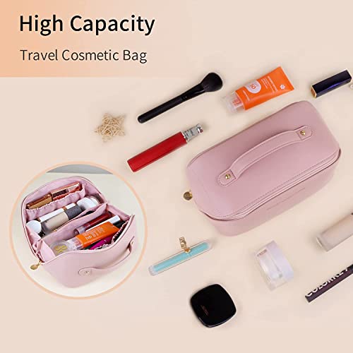 Image of HOUVIDA Large Capacity Travel Cosmetic Bag PU Leather Waterproof Portable with Handle and Divider Multifunctional Bag Makeup Accessories for Women (Pink)