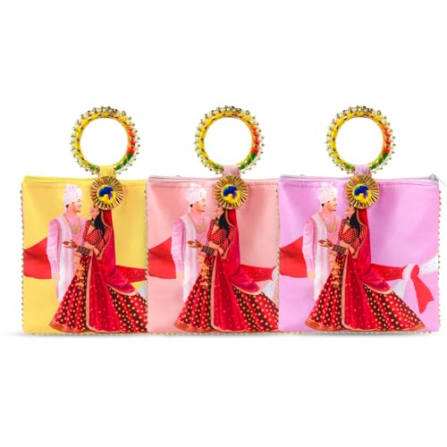 Image of Women Potli Bags Pack of 3 | Gifting Potli with Zip & Bangle Handle | Traditional Shagun Return Gifts Potli for Mehandi, Haldi, Baby Shower, Wedding, Sangeet (Couple Print)