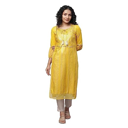Aurelia Women's Viscose Geometric Regular Kurta (23FEA14045-507020_Yellow_S