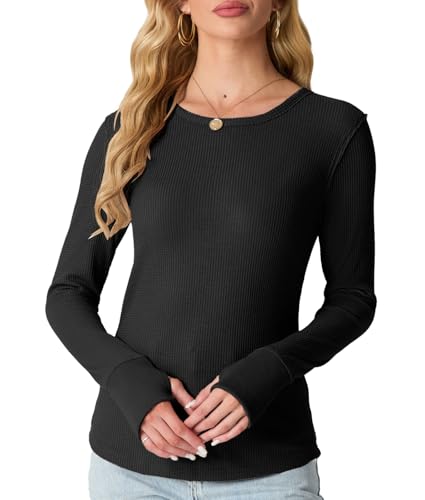 GRECERELLE Waffle Knit Long Sleeve Shirts for Women Crew Neck Slim Fitted Going Out Tops Y2k Outfits3