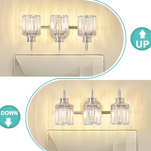 Image of Brushed Nickel Bathroom Light Fixtures with K9 Crystal Lampshade Bathroom Lighting Over Mirror Vanity Lights for Living Room,Bedroom,Restroom,Hallway 3 Lights