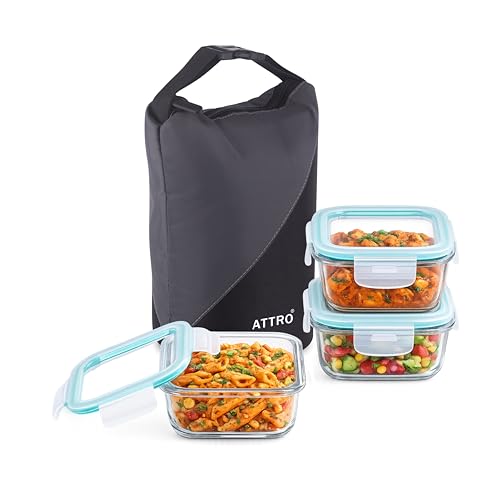 Image of ATTRO Sling Glass Lunch Box Set with Insulated Lunch Bag, 3 x 310ml Airtight Leakproof Containers, Microwave & Freezer Safe Borosilicate Glass Food Storage Containers for Office, School & Travel-Grey