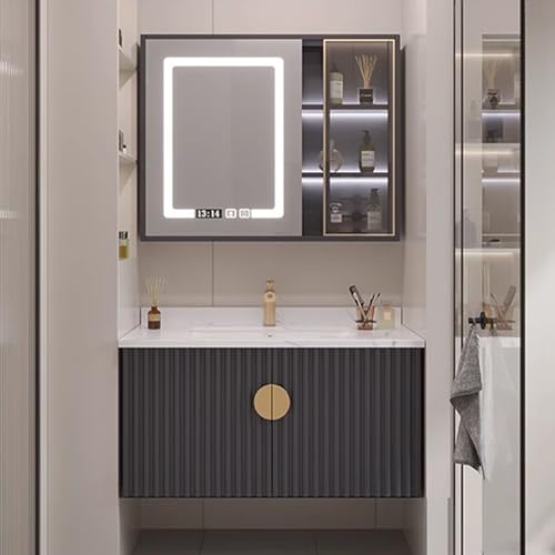 Juego de tocador de baño de 36 pulgadas con lavabo, gabinete inteligente de espejo para quitar niebla y luces LED, puerta de vidrio transparente, muebles de baño modernos