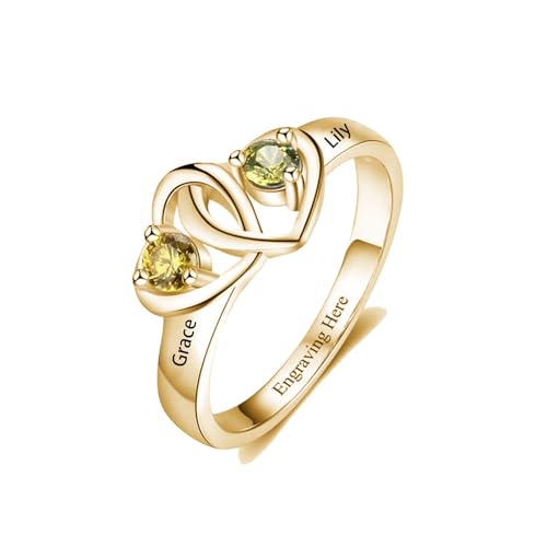 Birthstone Two heart Promise Rings Solid 10k 14k 18k Yellow Gold with Engraved 2 Names Customized 2 Birthstones For Grandma Mom Wife