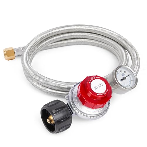 GASPRO 0-30 PSI Adjustable High Pressure Propane Regulator with Gauge 5-Foot Stainless Braided Hose Perfect for Turkey Fryer Gas Burner Fire Pit