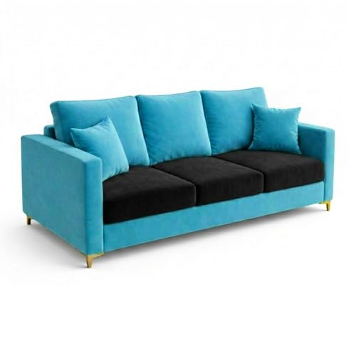 Image of Hayes Rich Velvet Suede 3+1+1 Seater Sofa Set | Golden Aesthetic Legs | Soft Touch Comfort | 5 Person Seating | Modern Living Room Set (Black-Aqua Blue)