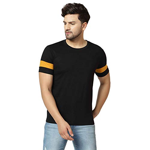 Image of London Hills Men's Half Sleeve 100% Pure Cotton Casual Round Neck with Stripe on Arm, Regular Fit Non-Shrinkable Multicolor T-Shirts