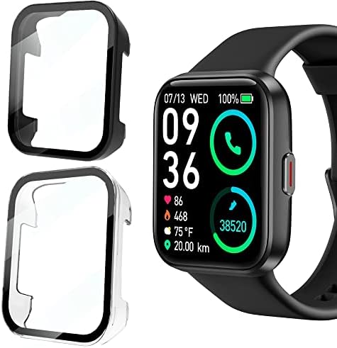 Compatible for ID208BT Smart Watch Case, Lamshaw Hard PC Case with Tempered Glass Screen Protector Compatible with Tensky ID208BT/ TMHAI ID208BT/Gydom ID208BT/Aeac ID208BT/GGZZ ID208BT/Konitee ID208BT/SKG V7 Pro/VRPEFIT ID208BT Smart Watch (2Pack-Black+Clear)