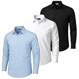 3 Pack Men’s Button Down Dress Shirt Long Sleeve Regular Fit Shirt with Pocket, Breathable Lightweight Fabric, Business, Workwear, Casualwear (UK, Alpha, S, Regular, Regular, Black-White-Skyblue)