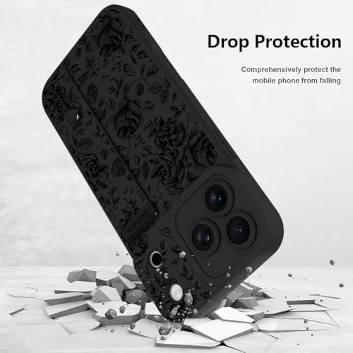 Jefonha Case for iPhone 17 Pro Silicone Phone Case with Strap for Women Girls Cute Flowers Floral Design, Adjustable Finger Strap Kickstand Protective Cover, Black Retro Rose by Jefonha - Used condition - Image 3