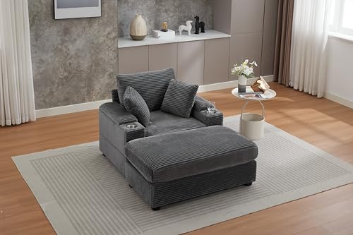 Image of 50 inch Corduroy Upholstered Chaise Lounge Chair Indoor, Modern Lazy Sofa with Storage Armrest, Sleeper Couch with Cup Holders for Living Room, Grey