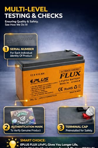 Image of EPLUS Flux 12V 6Ah Lithium LiFePO4 Battery with 20A BMS | 5X Life vs Lead Acid | Fast Charging | for Solar, Spray Pump, Toy car, Fence Pulse Machine, Computer UPS(not for APC ups)