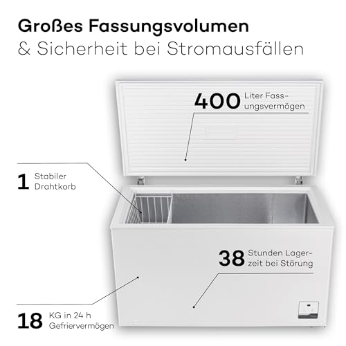 SCHOEPF – GT400S Gefriertruhe 400 L – Weiß – 83,5 x 136,5 x 73,5 cm – Dual Modus – Schnellgefrieren – 41 dB – 263 kWh/Jahr – 4-Sterne-Kennzeichnung – Freistehend