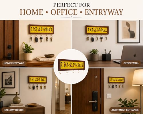 Image of Elephant Metal Key Hanger Without Drill| |Wall-Mounted Key Rack with 7 Hooks | Home Decor Organizer | Stylish Keychain Holder for Home & Office |No Drilling (Warli Art Key Holder)