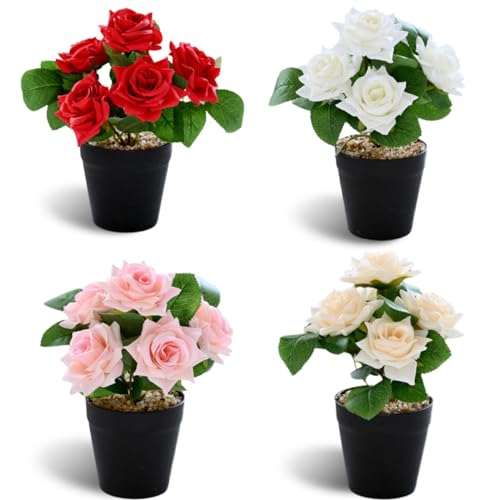 Lot de 4 roses artificielles en pot - Fleurs artificielles pour table, bureau, maison, mariage,...