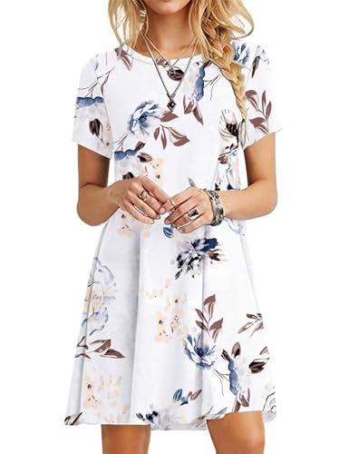 MOLERANI Summer Dresses for Women UK Round Neck Casual T-Shirt Dress Short Sleeve Ladies Beach Dress Floral White M