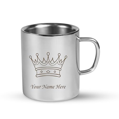 Image of SAVRI Personalized Stainless Steel Mug for Kids with Customized Name Engraved & Cartoon Design | 220 ml Double Wall Insulated Mug for School, Milk, Juice & Water (Queen Crown)