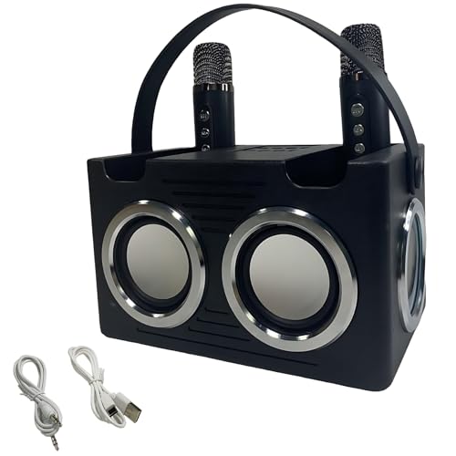 Máquina de karaoke portátil negra con micrófonos duales, luces LED, mini altavoz, 8.3 x 4.8 x 5.4 pulgadas