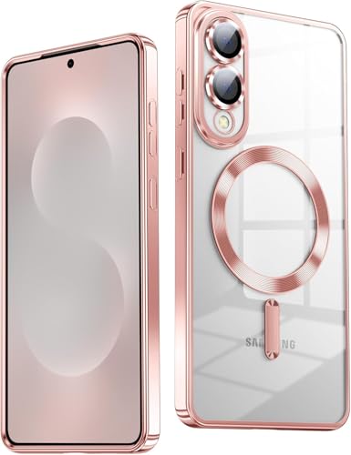 Image of VONZEE Clear Logo Electroplating Transparent Clear Case for Samsung Galaxy S25 Edge 5G, Magnetic Plating [Support for MagSafe Charger] Electroplate TPU Cover-Rose Gold