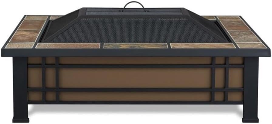 Bowery Hill Rectangle Wood Burning Fire Pit, Natural Slate Tile, 13" H x 33.6" W x 43.75" D, Heat Resistant Powder Coated Steel, Includes Spark Screen, Log Poker, Grate, Protective Cover, Outdoor