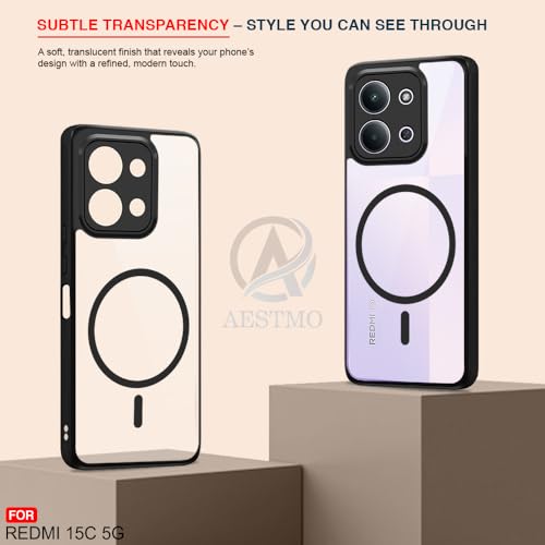Image of AESTMO Redmi 15C 5G / Poco C85 5G Back Cover | 360 Protection | Crystal Clear Hard Back Transparent | Compatible with MagSafe Accessories (PC+TPU, Black Bumper)