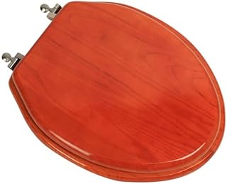 Designer Solid Elongated Oak Wood Toilet Seat with Brushed Nickel Hinges, American Cherry