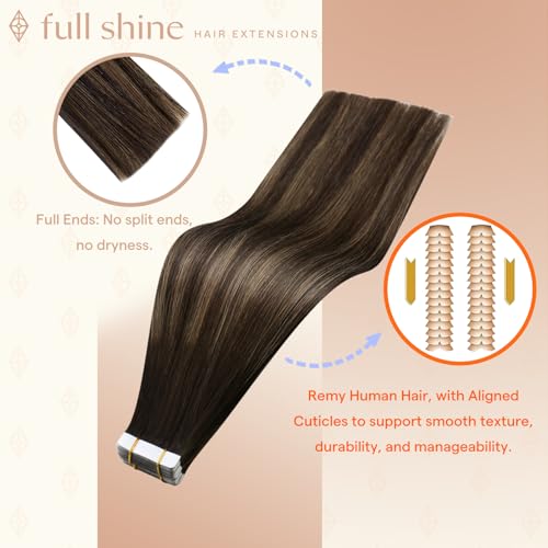 Image of Full Shine Human Hair Tape in Extensions, Dark Brown Highlight Mix 16 Inch | 50g 20PCS, Seamless Tape in Human Hair Extensions, Invisible Double Sided Design Natural Volume Soft Ash Brown Look