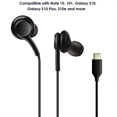 ElloGear Earbuds Stereo Headphones for Samsung Galaxy Note 10, Note 10+, Galaxy S10, S9 Plus, S10e - DJ Tuned - Braided Cable with Microphone and Volume Remote Type-C Connector - Black