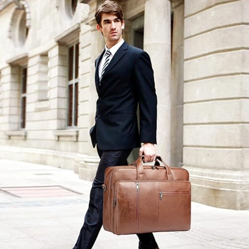 seyfocnia Men's Leather Messenger Laptop Bag, 17.3 Inches Waterproof Briefcase Business Computer Handbag Bag Work, Black