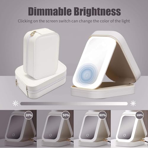 Image of PRIMIT LED Travel Jewelry Case and Makeup Bag with Mirror, Dust-Proof Jewelry Box, 10 Sealed Jewelry Bags - Compact Cosmetic Mirror Case for Women Girls Travel Essentials (White)
