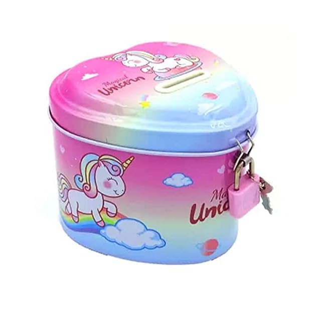 Image of Sajani Cute Cartoon Creative Portable Piggy Bank, Money Saving Box with Combination Lock, Mini Coin Bank Gifts for Boys and Girls, Best Return Gifts for Kids (Pack of 1) (Heart - Unicon)