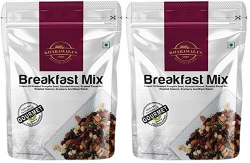 Image of KHARAWALA'S Breakfast Mix Value Pack - 600gm | Fusion of Roasted Pumkin Seed, Almond, Pecan Nuts, Hazelnut, Cranberry and Black Raisins (Pack of 2)