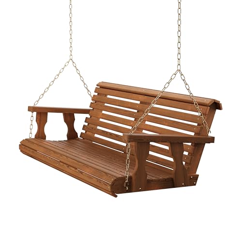 Image of Amish Casual Heavy Duty 700 Lb Capacity Porch Swing (5 Foot, Oak Stain) - Wooden Outdoor Roll Back Swing with Hanging Chains - Amish Made in the USA