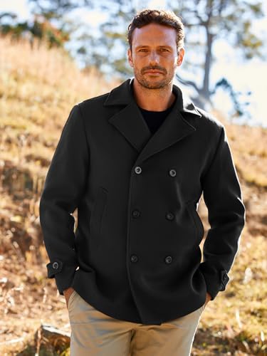 Bbalizko Mens Classic Pea Coat Notched Collar Double Breasted Slim Fit Winter Warm Heavyweight Trench Coats3