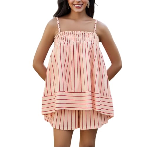 Image of SOOKABEILA Women 2 Piece Lounge Set Sleeveless Striped Cami Peplum Top Boxer Shorts Loose Ruffle Matching Pj Sets Outfits, Coral, L