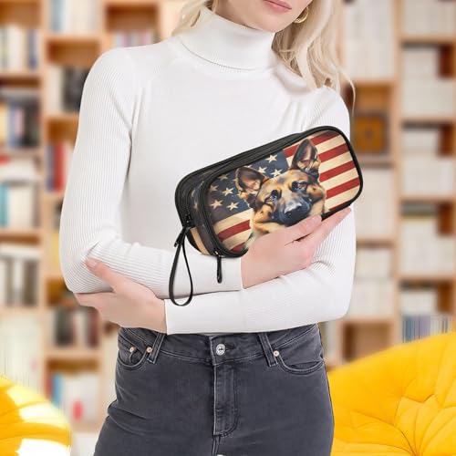 Image of Dog German Shepherd American Flag Pencil Case Box Boys Girls Large Pencil Pouch Zipper Compartments Big Capacity Stationery Pen Bag Organizer for Kids Teens Adults School