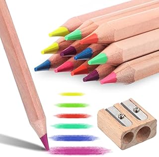 Highlighter Pencils Jumbo Size Neon Colors Highlighter Pencils 6 Colors Wooden Highlighters Wooden Colored Highlighters with Wooden Sharpener for Coloring Marking Art Drawing Sketching (12)