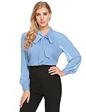 ACEVOG Women's Bow Tie Neck Long Sleeve Shirt Blouse Tops,Light Blue,X-Large