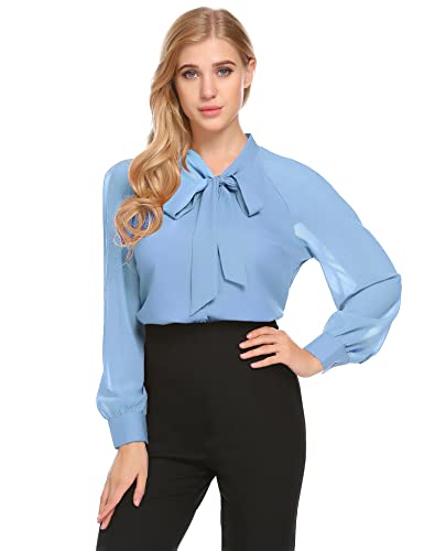 Acevog Women's Bow Tie Neck Long Sleeve Shirt Blouse Tops,Light Blue,X-Large #TOP4