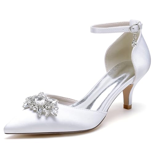 Closed Toe Satin Kitten Heels Wedding Shoes for Bride Low Heels Ankle Strap Bridal Shoes Rhinestones Shoes Pumps